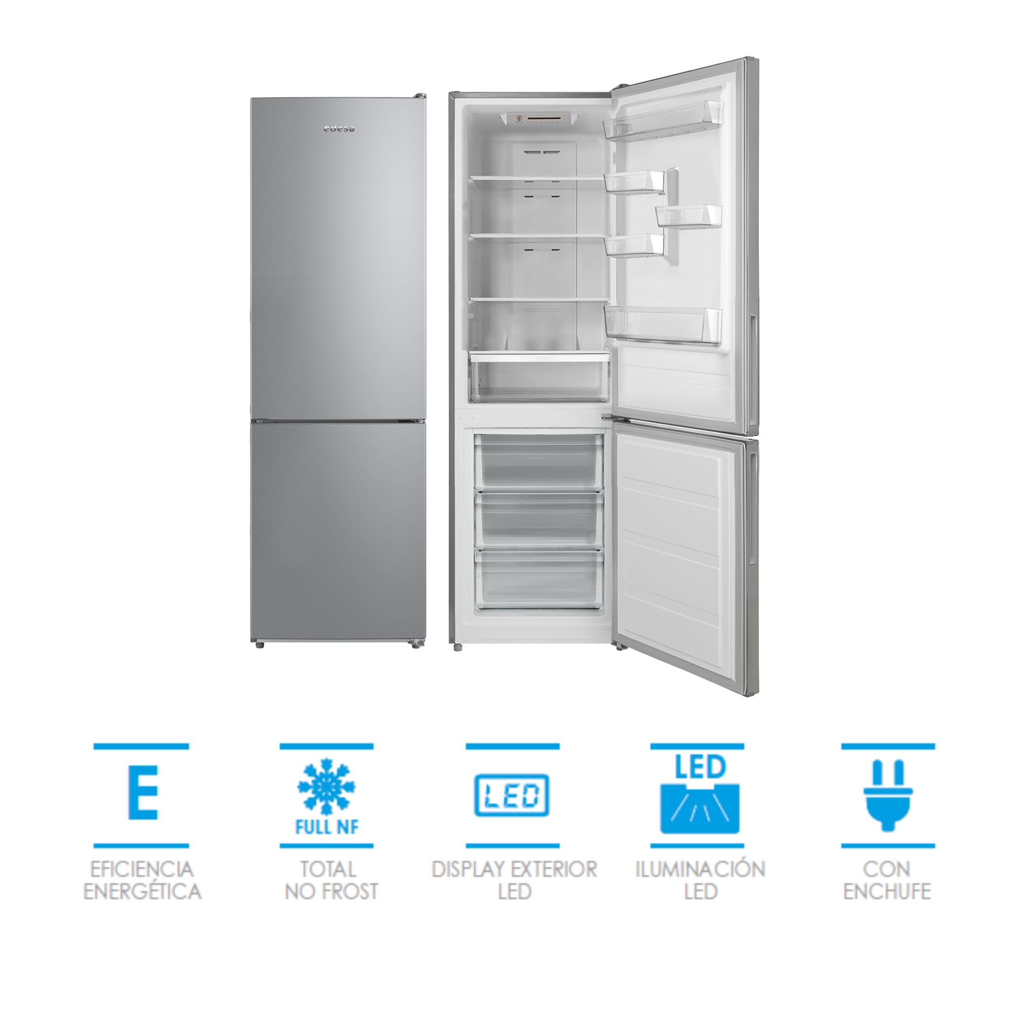 EDESA Frigorífico EFC-1821 NF EX/Combi TOTAL No Frost de 1.88 m con Regulación Electrónica de Temperatura LED Interior Tirador Integrado en la Puerta Capacidad de 310 L Ancho 59.5 cm Color Inox