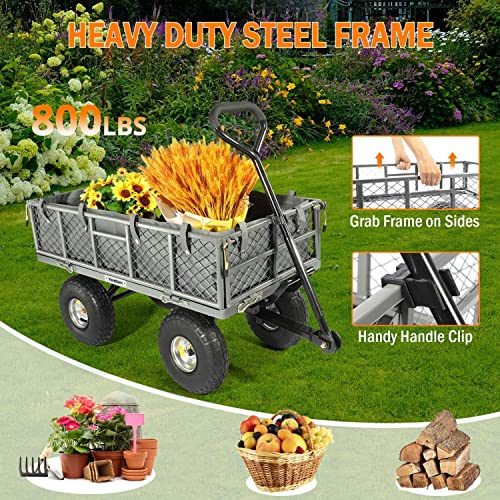 Yardsam Dump Garden Carts 800 Lb Capacity, Heavy Duty Steel Garden Carts And Wagons With Removable Sides, Pullable Handles, 10In All-Terrain Wheels, Utility Liner, For Garden Lawn Yard Farm, Grey #TOP5