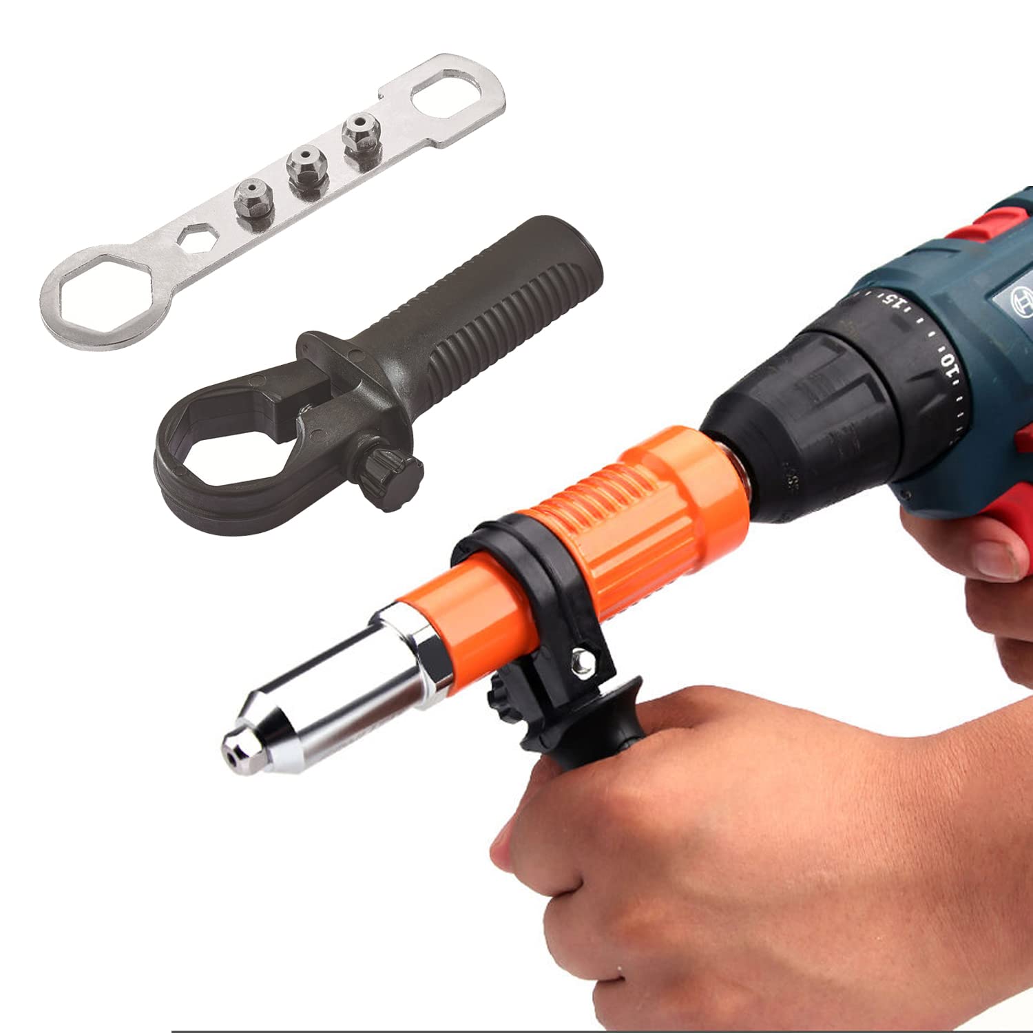 KEWAYO Electric Rivet Gun Adapter, Cordless Drill Adapter Rivet Tool Insert Nut Hand Tool Kit Drill Adapter with Aluminum Casting Housing, Non-slip Handle, Convertible Head and Wrench