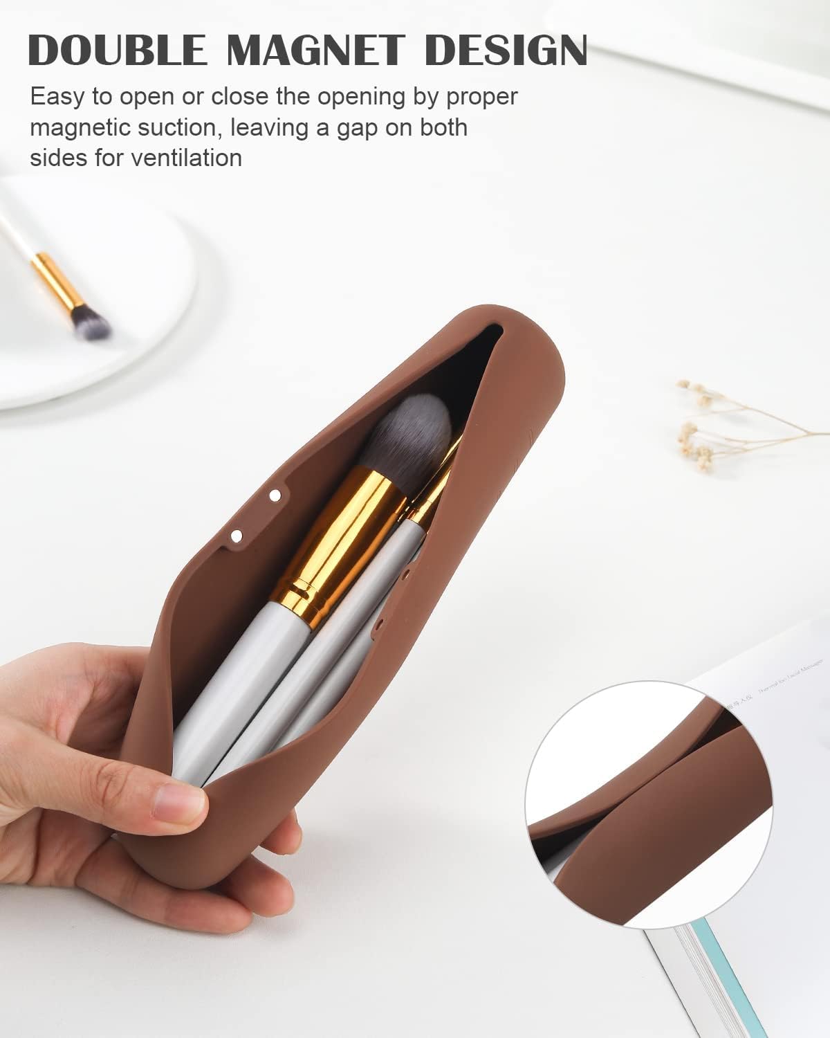 INOVERA (LABEL) Silicone Makeup Brush Holder - Cosmetic Face Brushes Pouch - Magnetic Anti-Fall Out Makeup Organizer for Travel Dark Brown 6 cm Width 2
