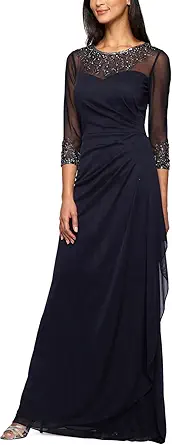 Women's Long A-line Mother of The Bride Dress with Illusion Neck and Sleeves (Petite and Regular Sizes)