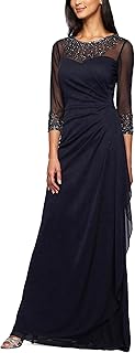 Women's Long A-line Mother of The Bride Dress with Illusion Neck and Sleeves (Petite and Regular Sizes) - Buy now