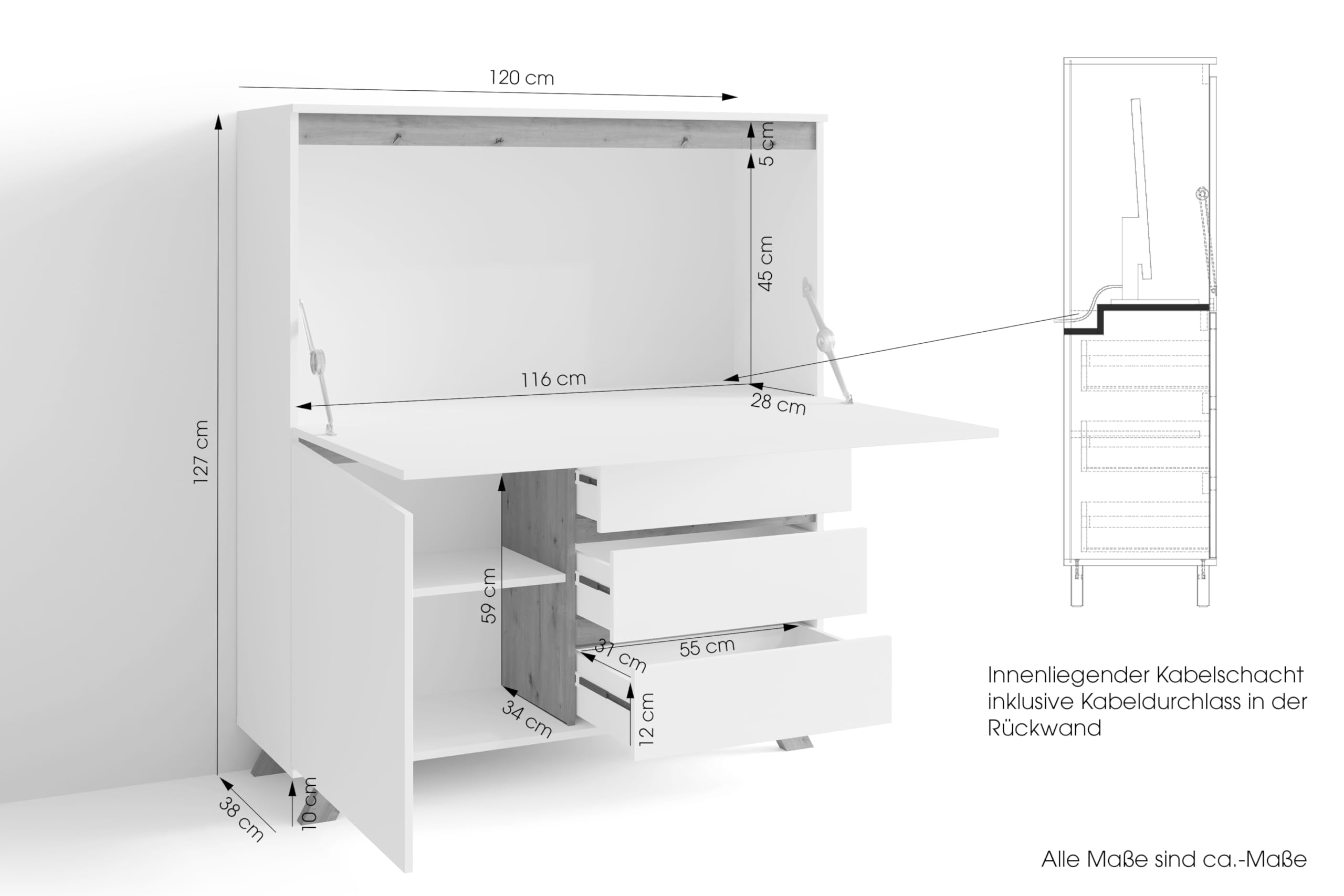 byLIVING Sekretär Valentin, Office-Schrank mit 1 Tür und 3 Schubkästen | Sekretär matt weiß mit Absetzung in Eiche-Optik, Scandi-Style, Grifflos, B 120, H 127, T 38 cm