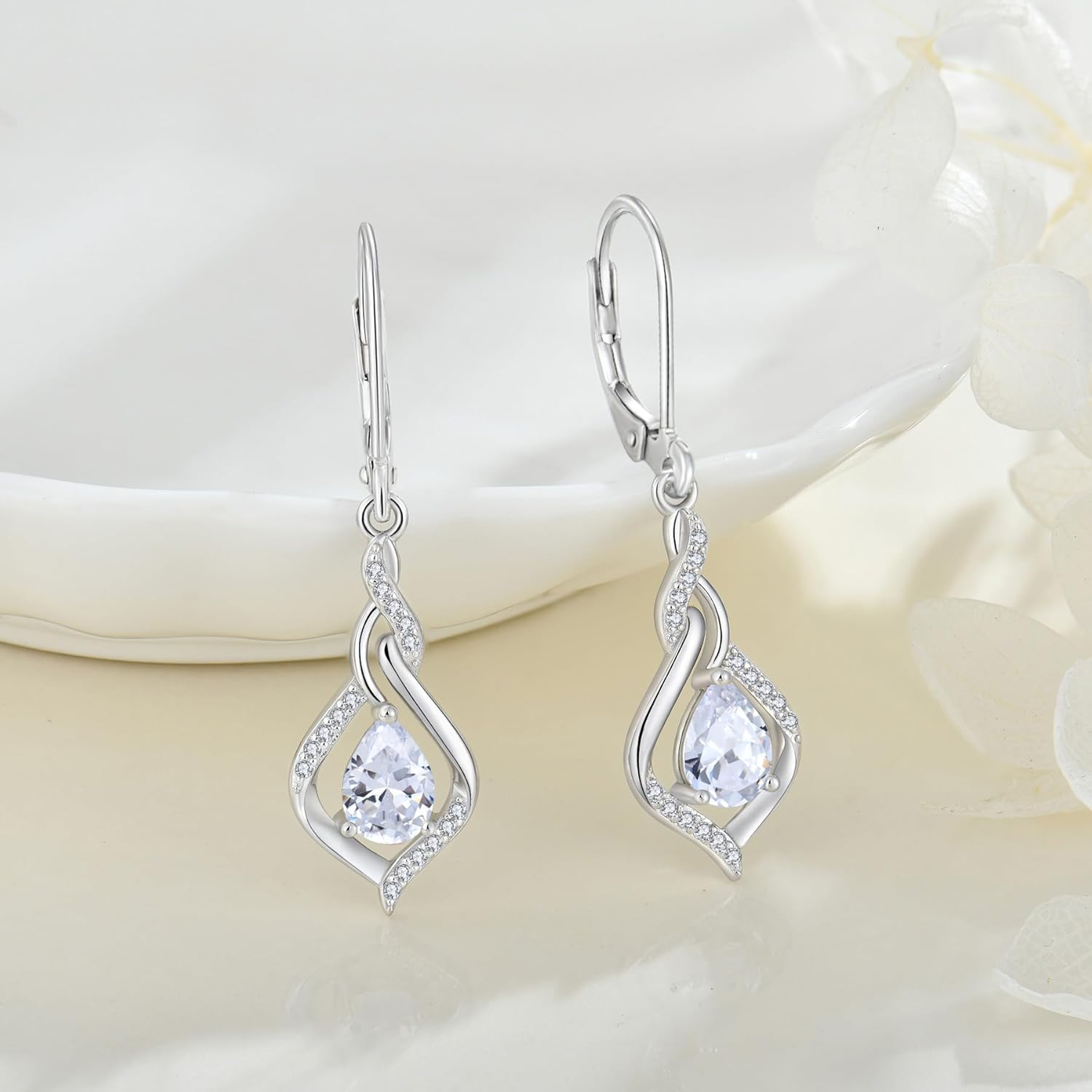 Infinity Leverback Earrings 925 Sterling Silver Teardrop Cubic Zirconia Dangle Drop Earrings Birthday Christmas Anniversary Jewelry Gift for Women