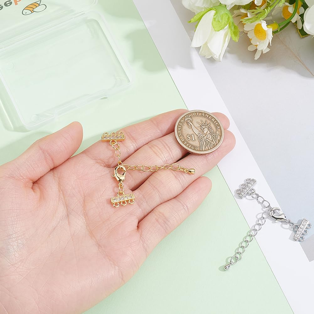 Beebeecraft 1 Box 4Pcs Necklace Layering Clasps 18K Gold Plated Brass Cubic Zirconia Multi Strand Connectors Platinum Color Necklace Separator for Layering Connectors Multiple Necklaces