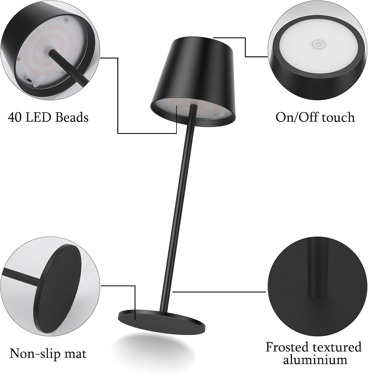 SMART-J Lampada Ricaricabile LED da Tavolo Easy Circle – 3 Temperature di Luce, 6 Ore di Autonomia, Design Moderno, Interruttore Touch, USB Ricaricabile (Nero)