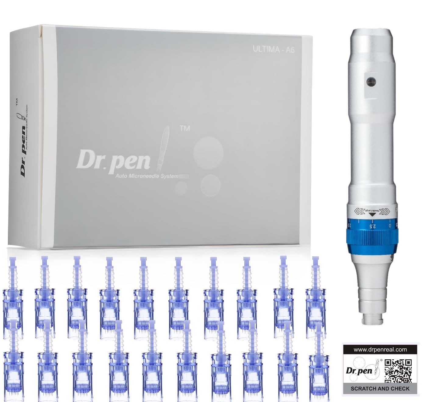 Dr. Pen Ultima A6 Electric Wireless Professional Skin Care Instrument Kit Including 12 Cartridges - Six 12 Pin, Six 36 Pin, Silver