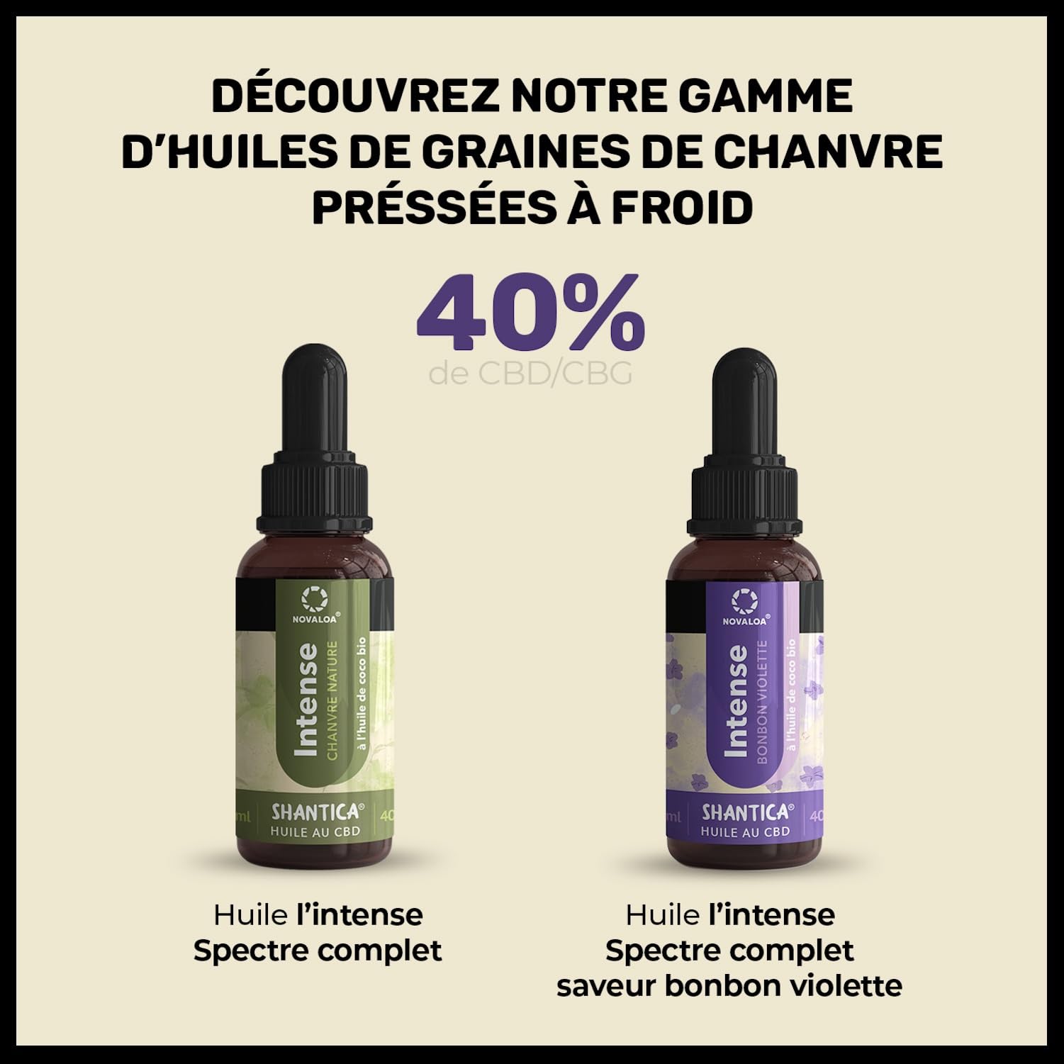 Huile L'Intense - À Partir d'Huile de Graines de Chanvre Pressées à Froid 4000mg - Bonbons Violettes & Fruits Rouges - Fabriquée en France - 10 ml