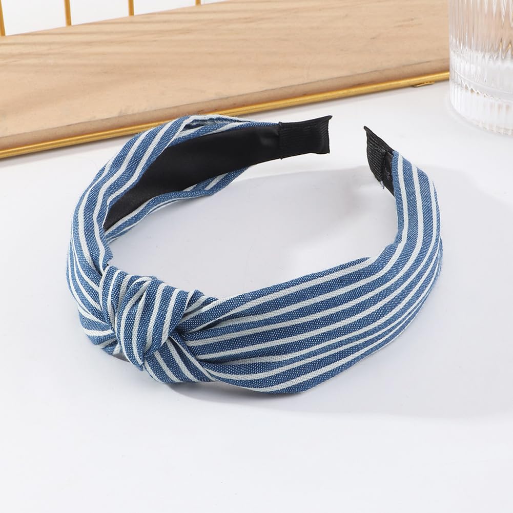 Blue Denim Knot Headband Stripe Pattern Cross Knotted Design Non Slip Hair Hoop Stylish Hair Accessory for Women and Girls Daily Wear and Various Occasions - Image 3