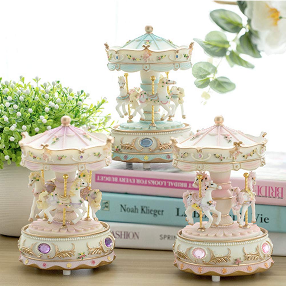 Music Box, Carousel Horse Music Box for Girls 3-Horse Windup Rotating LED Light Musical Gift for Christmas/Birthday/Valentine's Day Festival Music Box Artware(Blue)