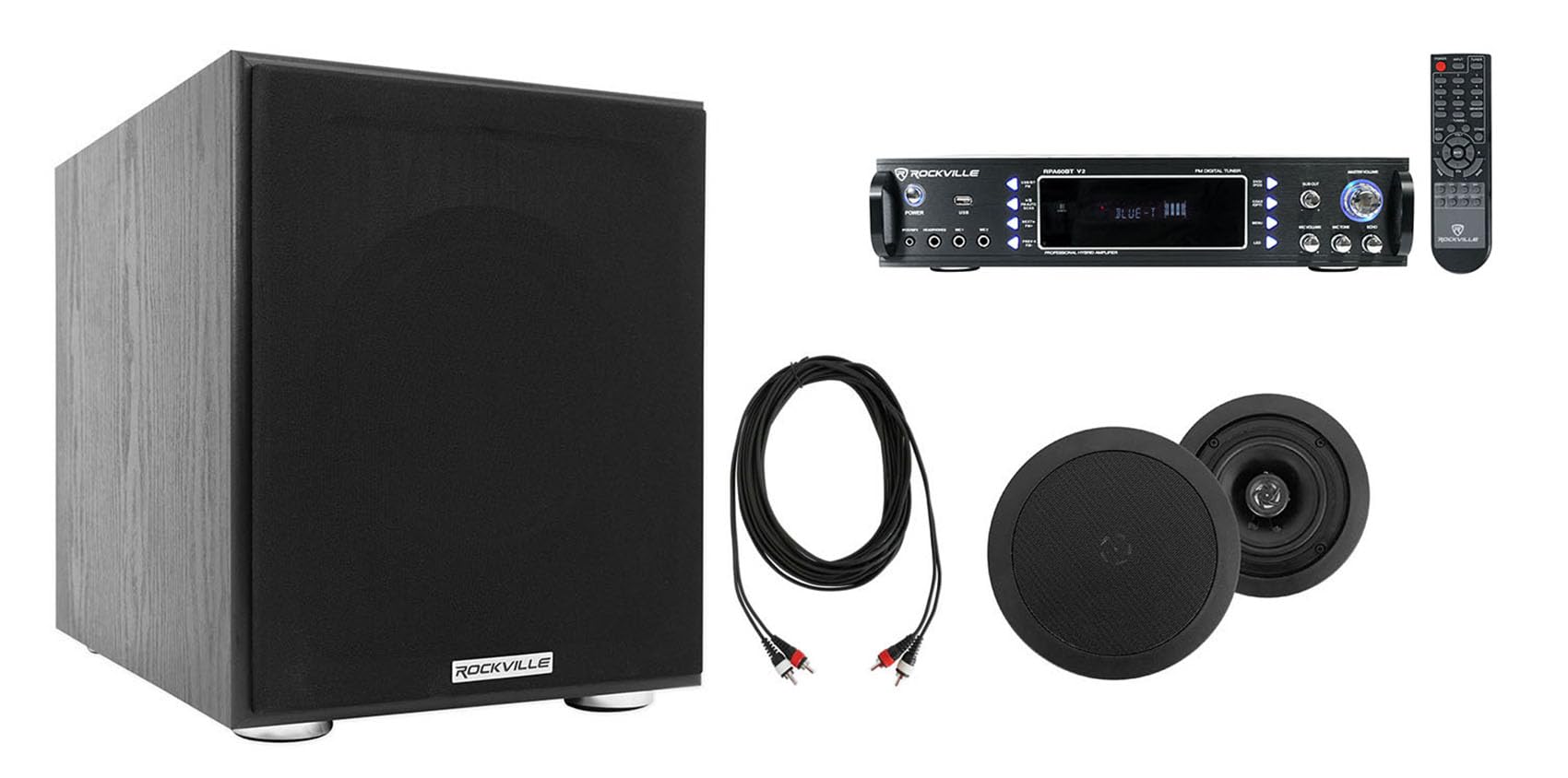 Rockville Bundle RPA60BT V2 1000W Amplifier Bundle with (2) HC55 Home Theater Speakers, Rock Shaker Subwoofer, 25' Dual RCA to RCA Cable (5 Items)