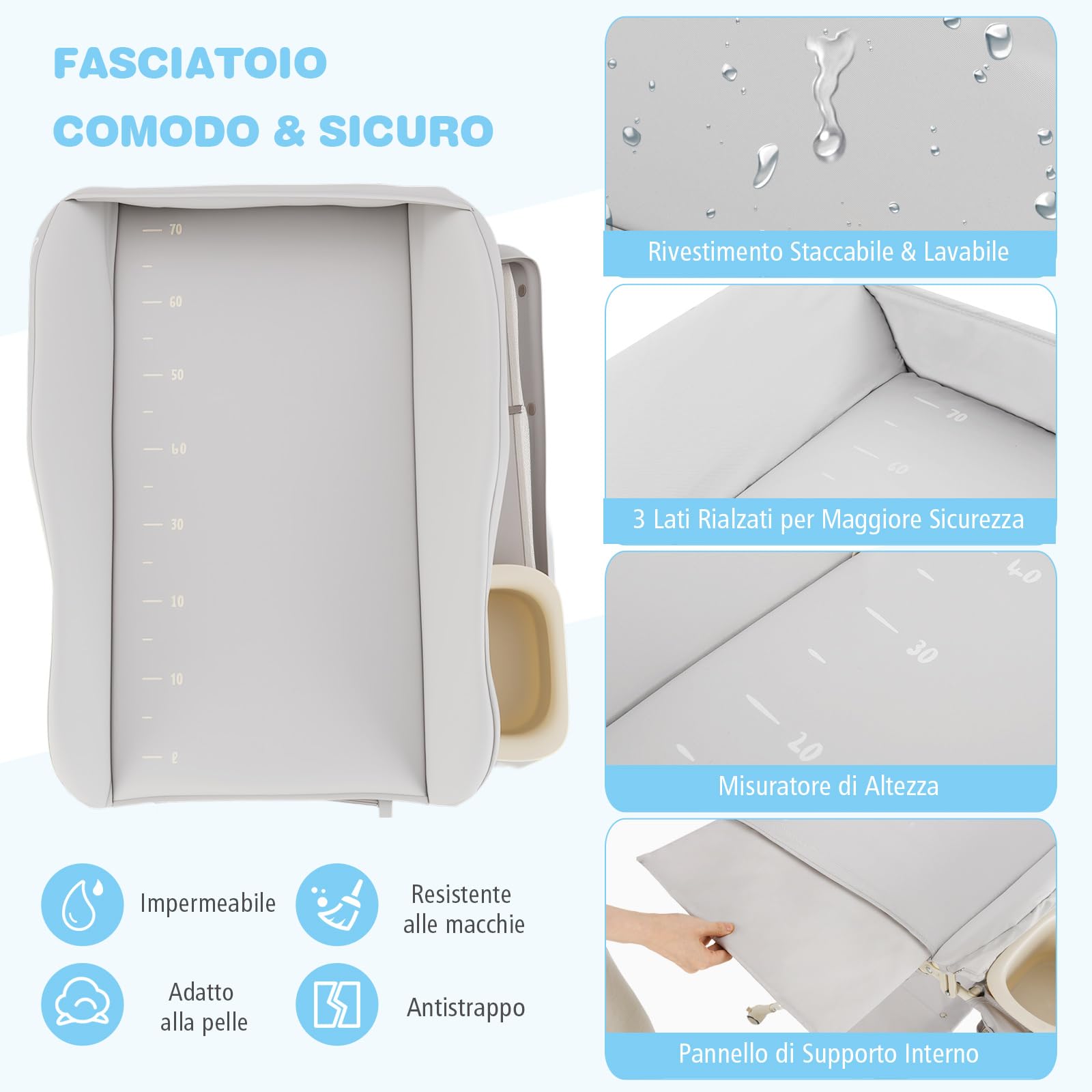 Costway Fasciatoio Pieghevole Neonato Portatile con Altezza Regolabile 3 Livelli, Grigio