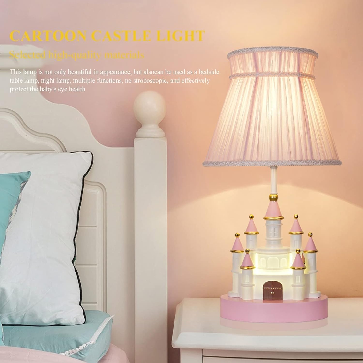 Cute Castle Kids Table Lamp Cartoon Pink Resin Bedside Lamp Modern Princess Castle Shape Ceramic Lamp Body with Fabric Lamp ShadeNightstand Lamp for Bedrooms Nursery Living Room