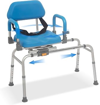 Sliding Shower Chair with Swivel Seat, Rotating Tub Transfer Bench Shower Bench with Padded Seat and Backrest for Elderly and Disabled, Blue