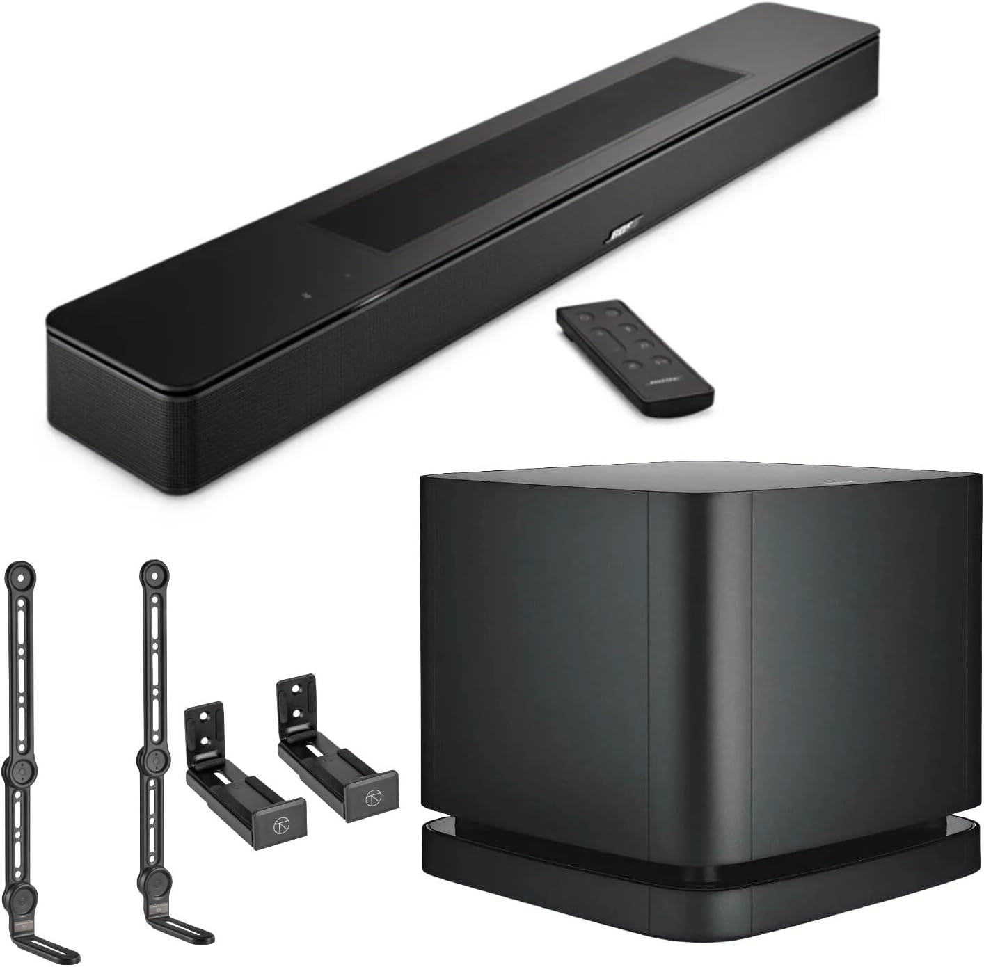 Bose Smart Soundbar 600 Dolby Atmos Home Theater Soundbar with Bass Module 500 Subwoofer Bundle with Turnstile Adjustable Wall Mount Brackets and Universal TV Soundbar Mount Holders