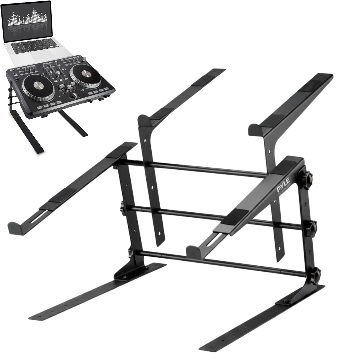 Photo 1 of Pyle Portable Dual Laptop Stand - Standing Table with Adjustable Height, Ergonomic Design & Anti-Slip Prongs for DJ Mixer, Sound Equipment, Workstation, Gaming & Home Use - PLPTS38, Black