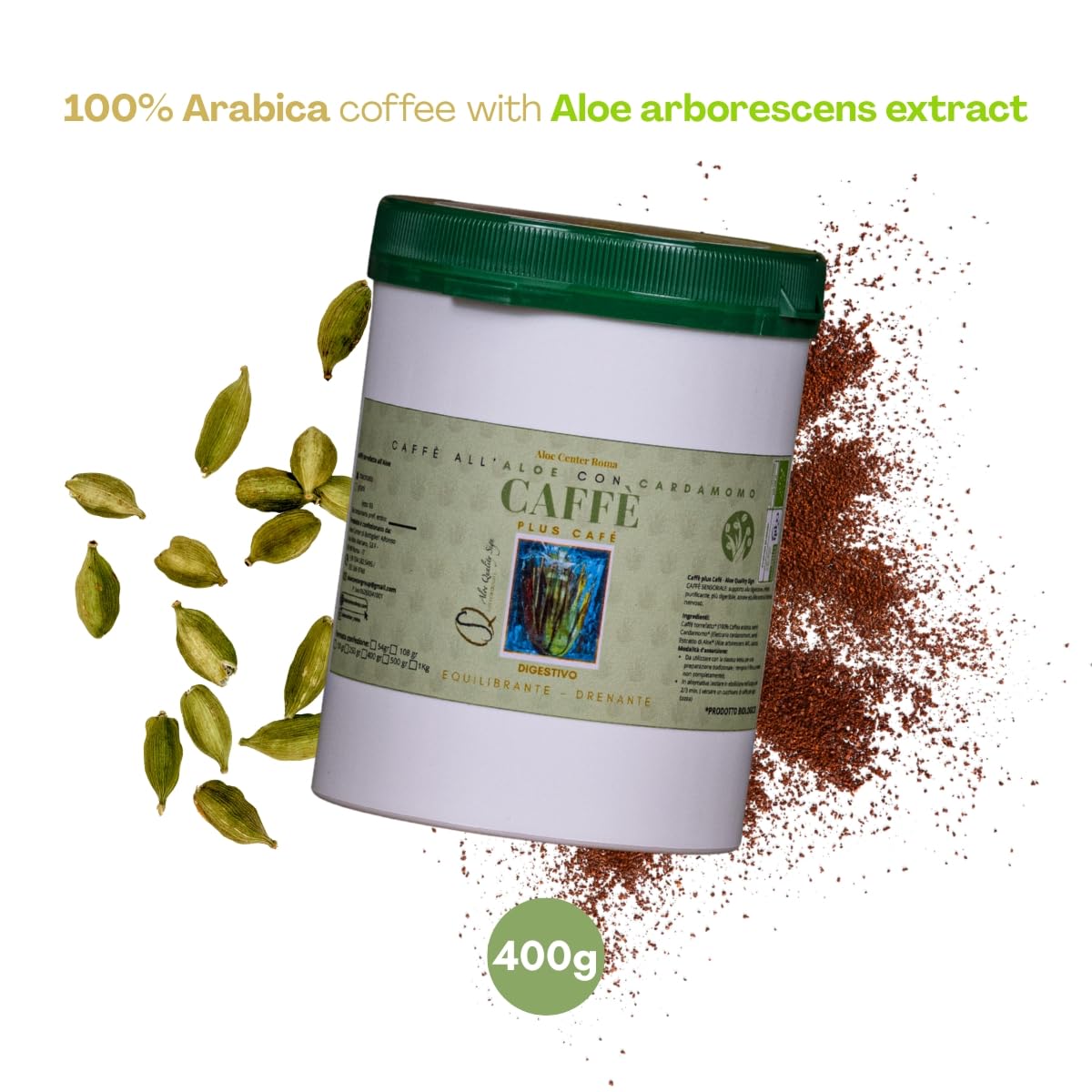 Aloe Center Café con Aloe y Cardamomo - Arábica 100% – Con extracto de Aloe arborescens, 400 g para 110 tazas – Café natural gourmet para cafetera moka clásica, calidad prémium