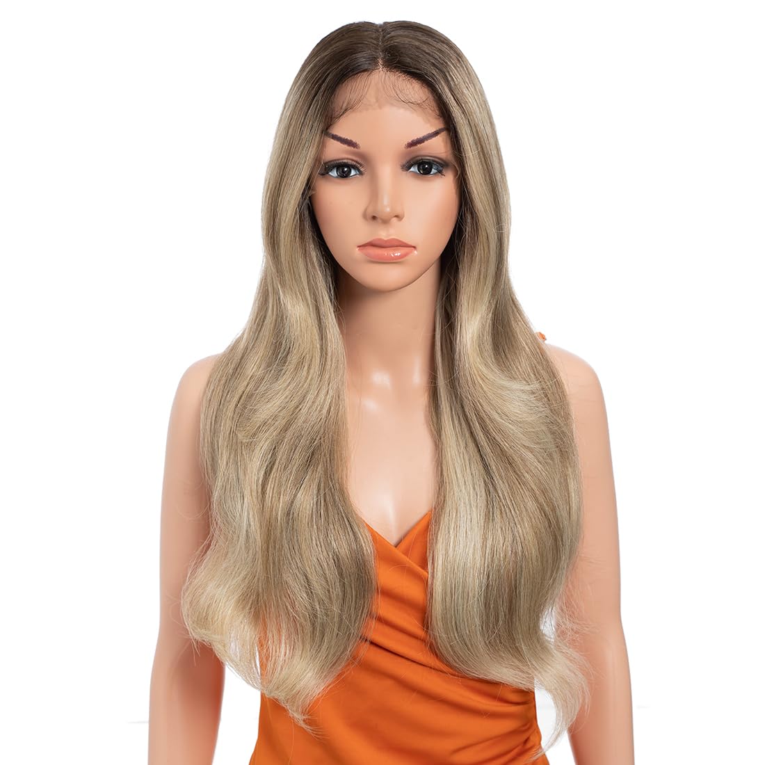 Highlight Lace Front Wigs Synthetic Body Wave Wear 13x4x1 T-Part Lace 24 Inch Pre-Plucked HD Glueless Ombre Lace Front Wig for Black Women TATHL 10A/6C/24J