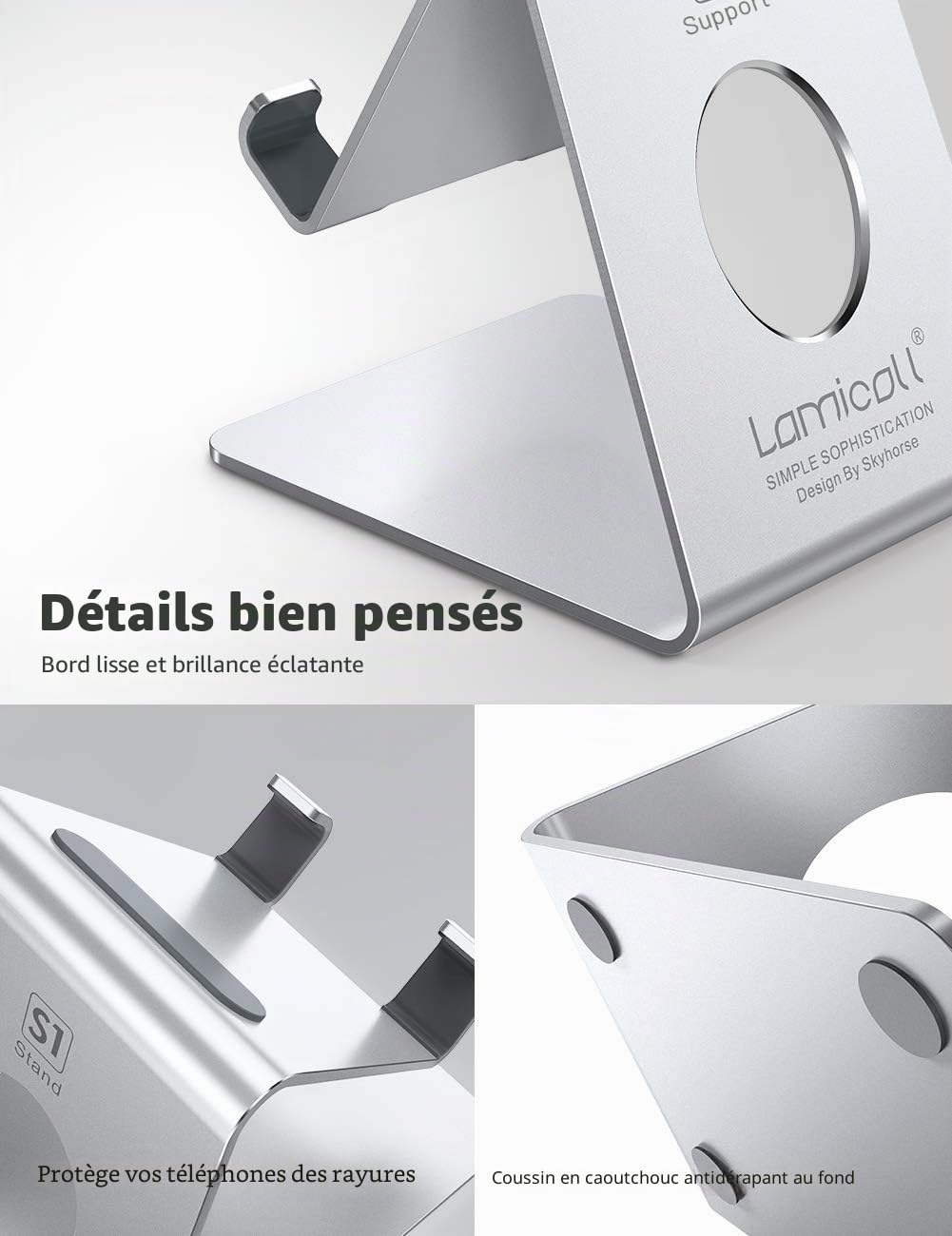 Lamicall Support Téléphone, Dock Téléphone - Support Téléphone Bureau pour iPhone 17 Pro Max Air, 16/15/14/13/12 Pro Max Plus Mini XS XR X 8, Huawei, Samsung S10 S9 S8, d'autres Smartphones - Argenté
