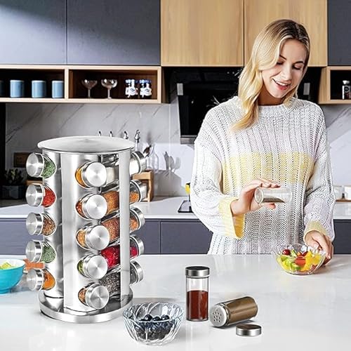 Porta Temperos Condimento Giratorio Inox com 20 Potes de Vidro - Kit Pratico e Elegante para Organiz