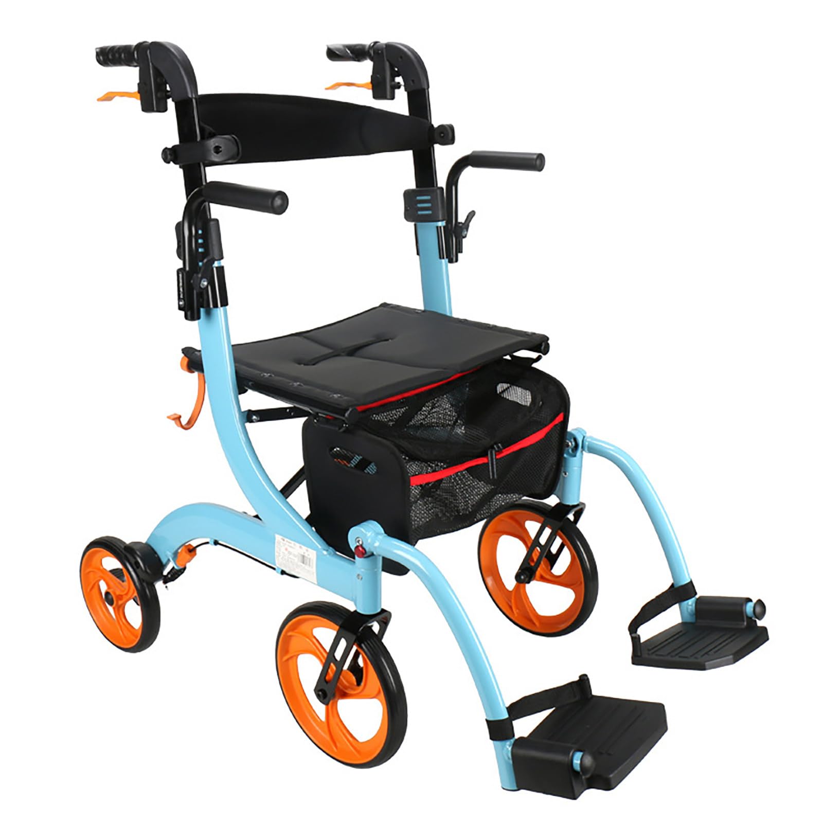 Rollator,pomoce do chodzenia dla seniorów,lekki chodzik,składany z siedziskiem i torbą,4 kółka dla osób starszych,podwójny komfort Blue-Withpedals