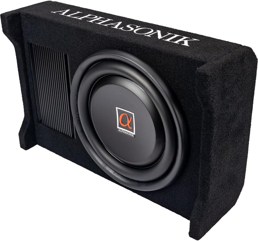 Alphasonik AS100A 10" 1200 Watts with a Built-in Amplifier Down-Firing Shallow Mount Enclosed for Tight Spaces in Cars and Trucks, Slim Thin Loaded Subwoofer Air Tight Sealed Bass Enclosure