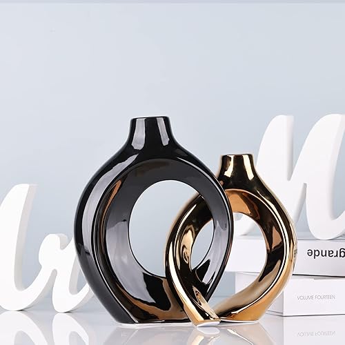 Miniatura 5 de Juego de 2 jarrones de cerámica de oro negro para decoración moderna del hogar, jarrón redondo bohemio para hierba de las pampas, estatua