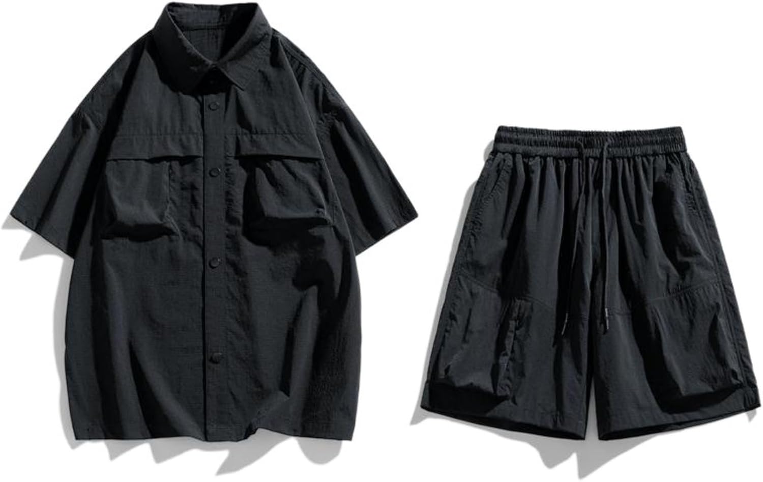 Men's Casual Linen Suits 2 Piece Sets Summer Long Sleeve Button Down Shirt and Cargo Shorts