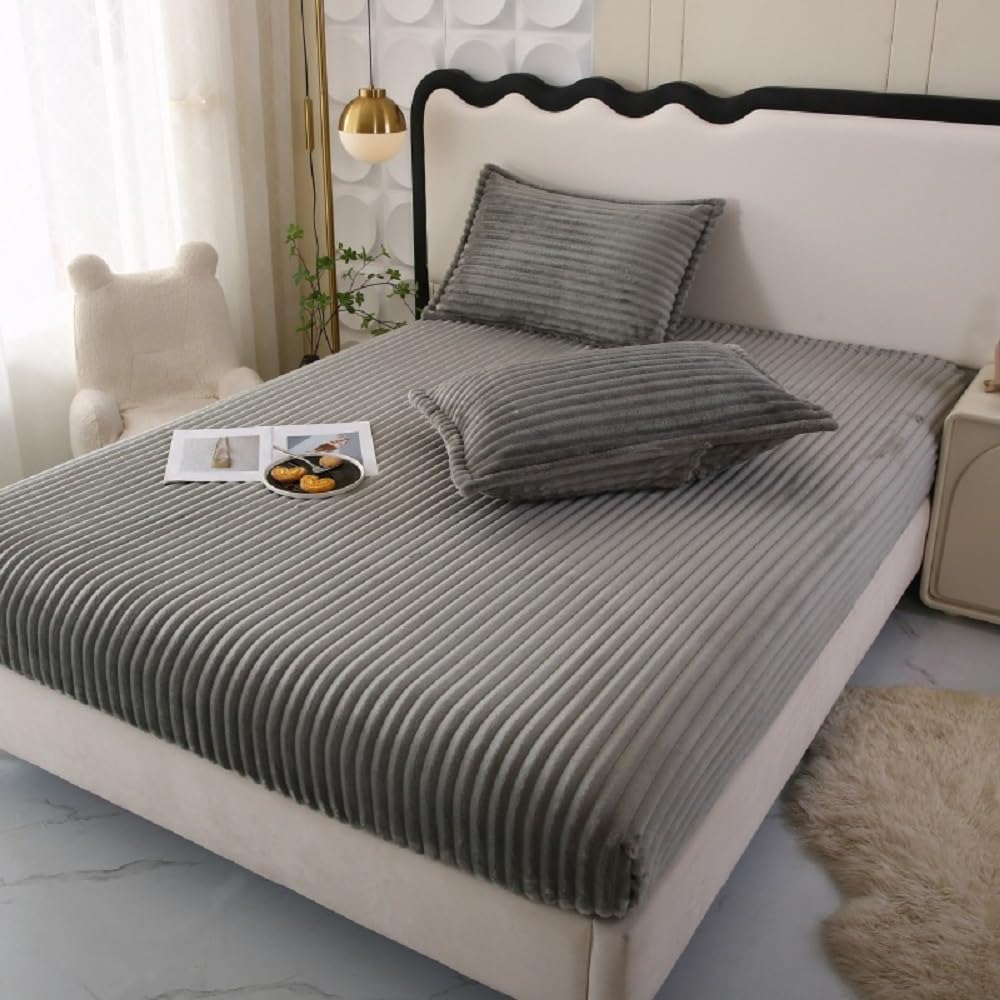 Lujosa sábana bajera de franela gris de 180 x 200 cm, ropa de cama de felpa suave para invierno, funda de colchón cálida y acogedora solución para dormir, se adapta a colchones de hasta 25 cm de