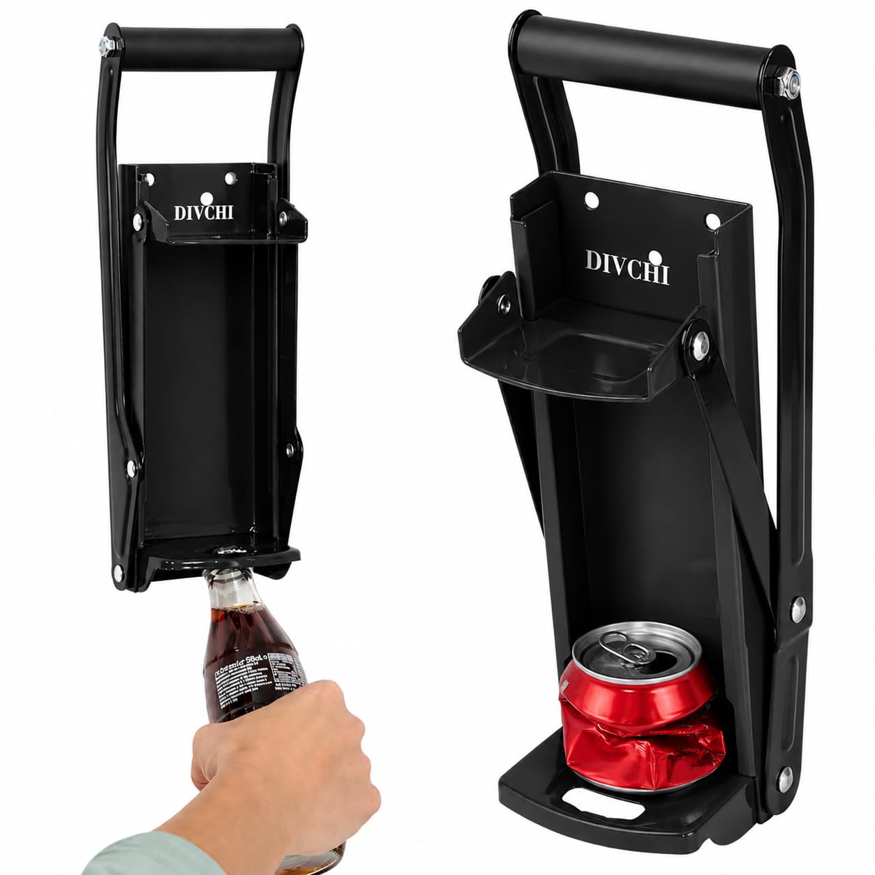 DIVCHI Can Crushers 2-in-1 Heavy Duty – Wall Mounted 16oz/500ml Beer & Soda Can Crusher with Built-in Bottle Opener, Bend-Resistant Steel, Non-Slip Grip Handle, Easy Install – Black