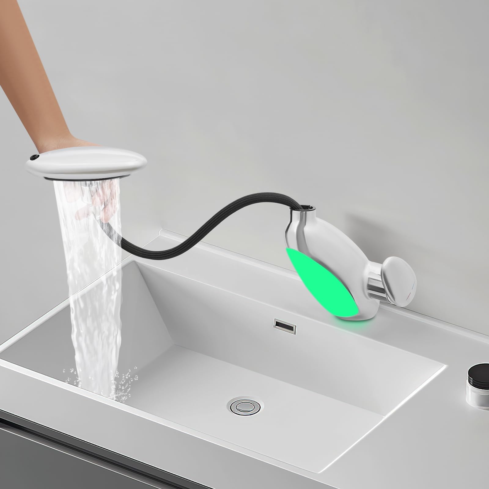 Robinet de salle de bain - LED - Robinet de lavabo cascade - Lavabo créatif avec douchette extractible - Éclairage multicolore - Rotation à 360° - 4 modes (Chrome)