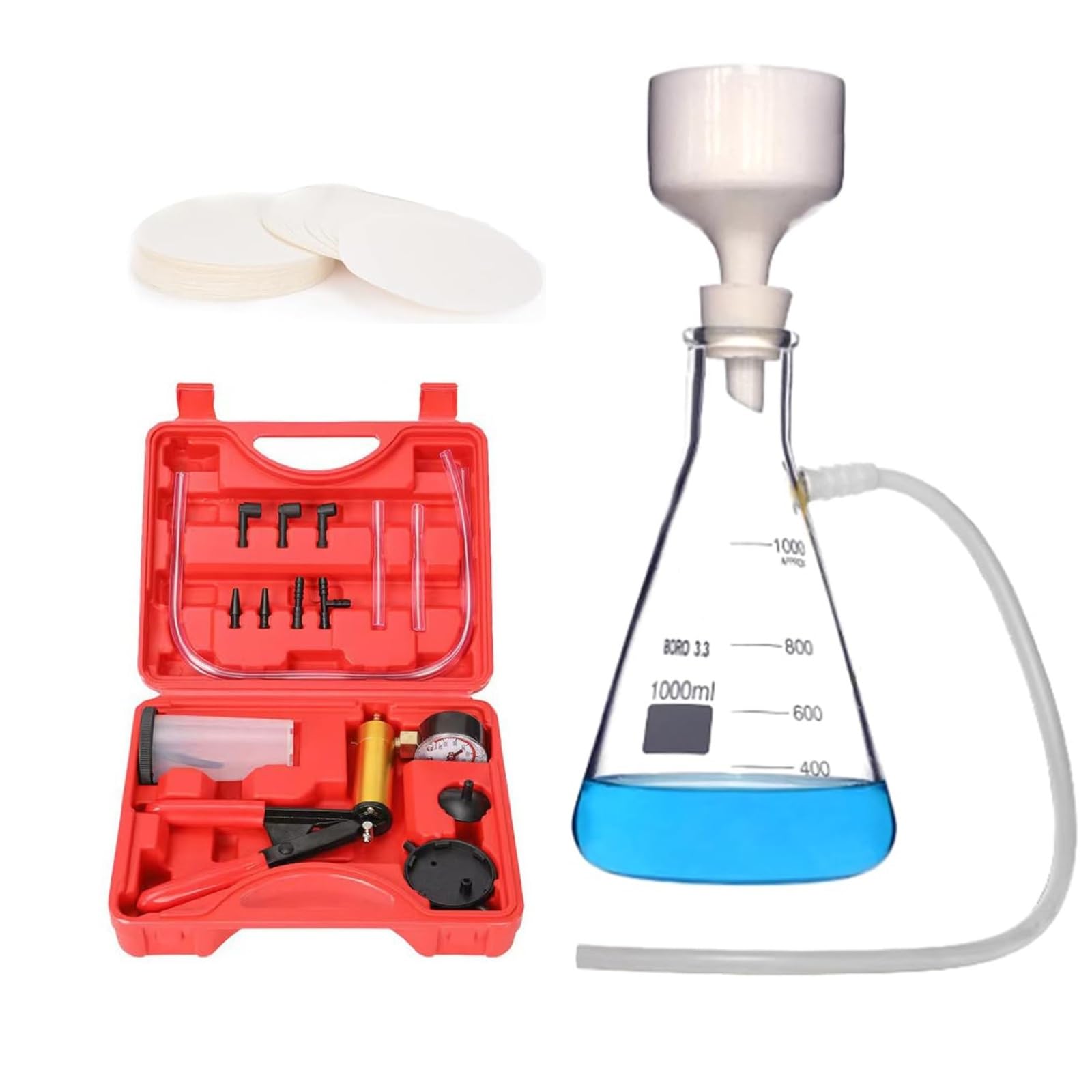Aparato profesional de filtración al vacío: bomba metálica y botella de filtro, embudo Büchner de porcelana for laboratorio, pruebas e I+D.(1000ML)