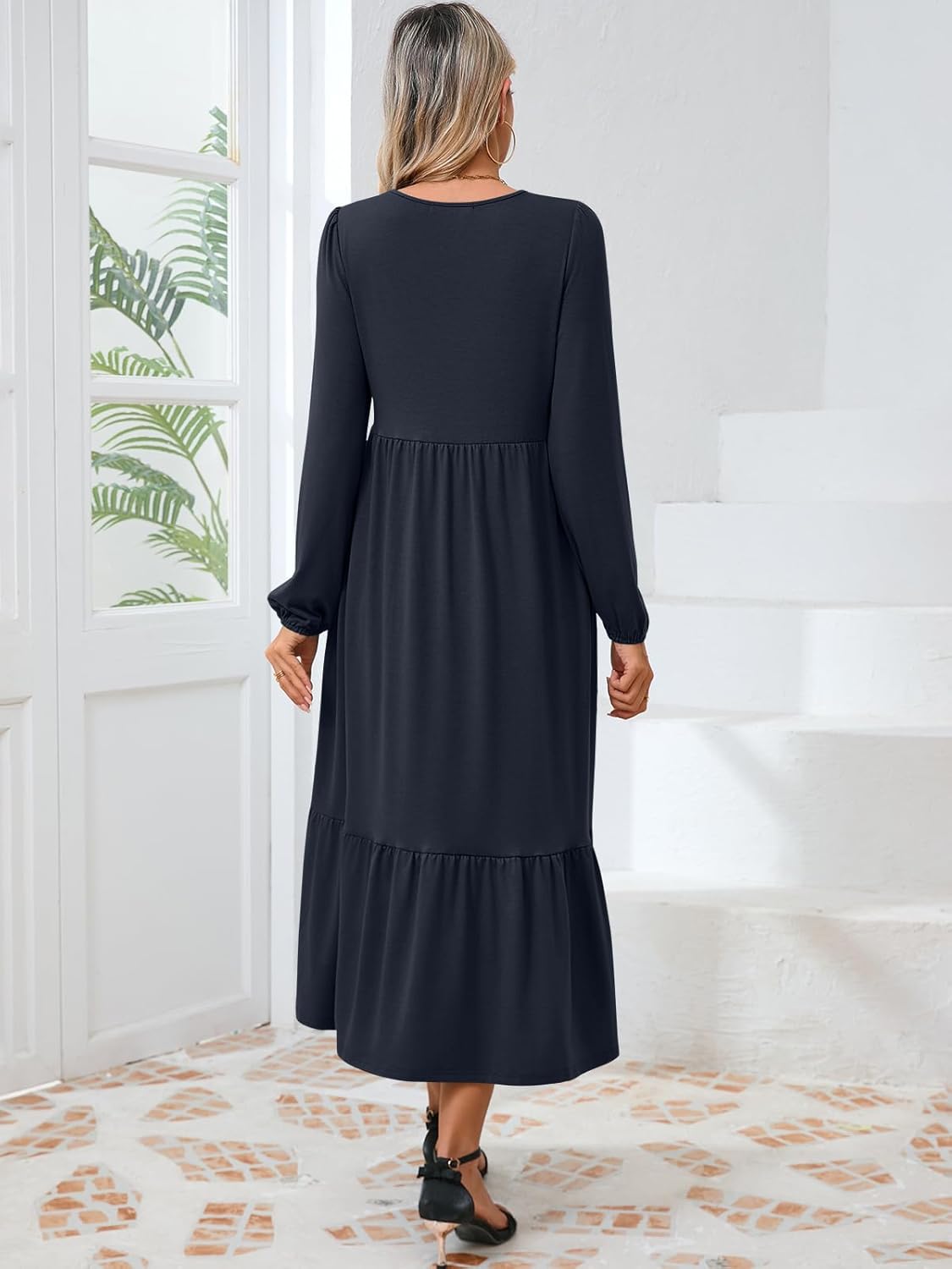 Women's Casual Long Sleeve Midi Dress 2024 Fall Crewneck A Line Tiered Flowy Loose Trendy Dresses with Pockets - Image 6