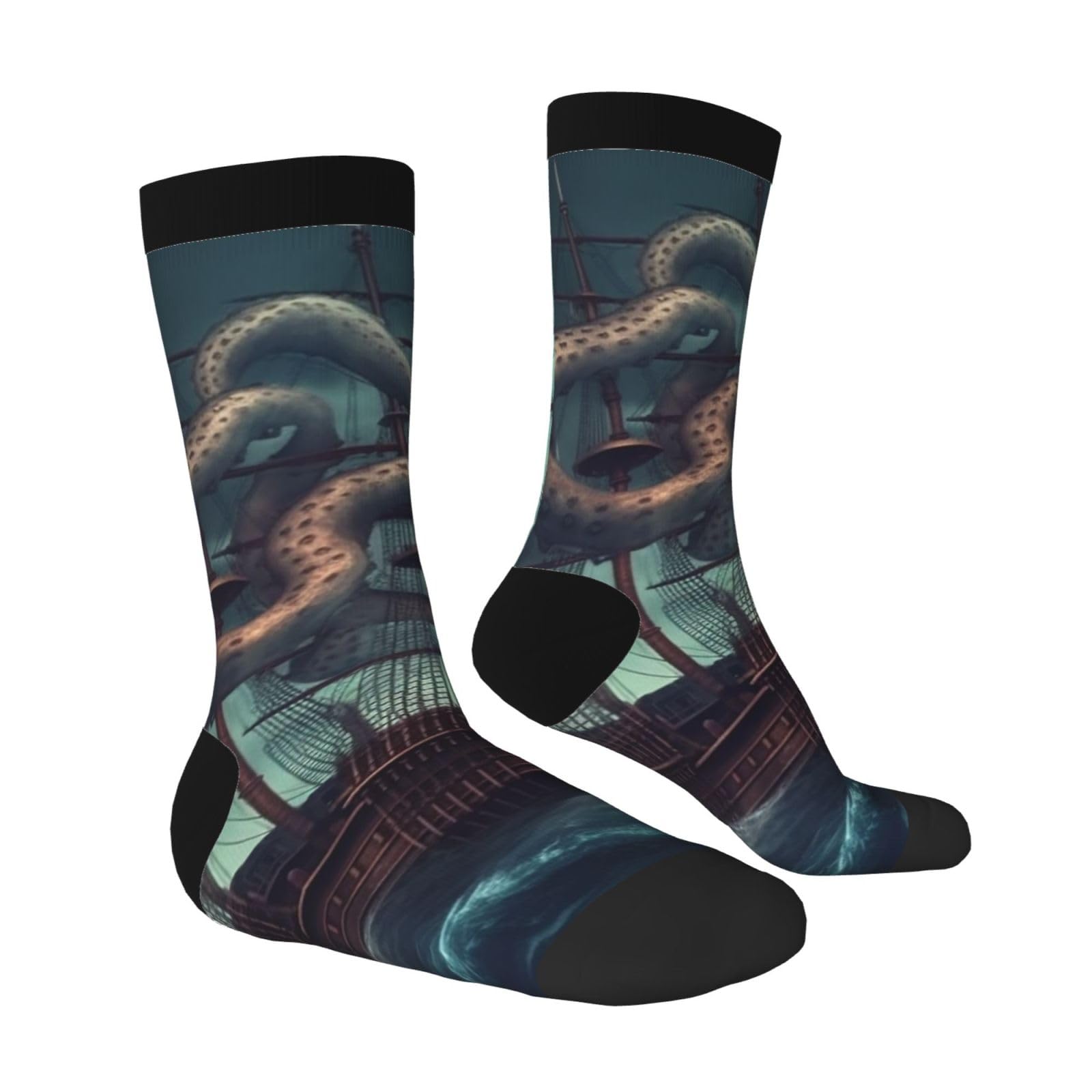 LZQPOEAS Octopus Ship Athletic Socks Unisex Cushioned Crew Socks Hiking Running Calf Sock Soft Above Ankle Sock