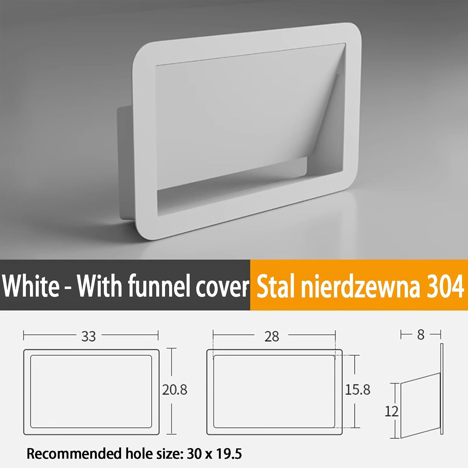 Square Trash Can Lid, 304 Stainless Steel Side Opening Push Cover Built-in Kitchen Countertop Garbage Can with Cover, Easy to Balance Flap Waste Rotating,White C
