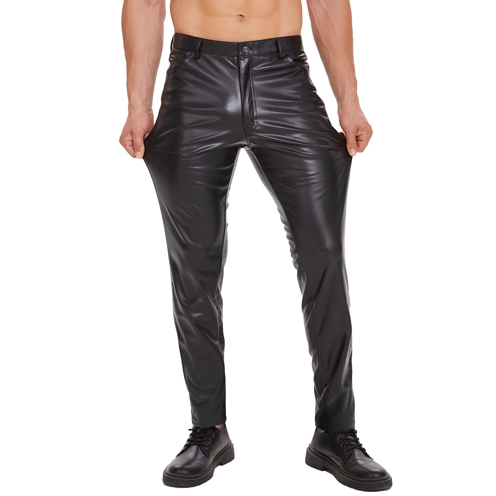 Herren Glänzende Weiche Matte Lederhose, Hochelastischem Hosen mit Reißverschluss, Slim Fit Lange Hosen, Gerade Lässige Lederhose für Herren für Kostüm Cosplay Nachtclub