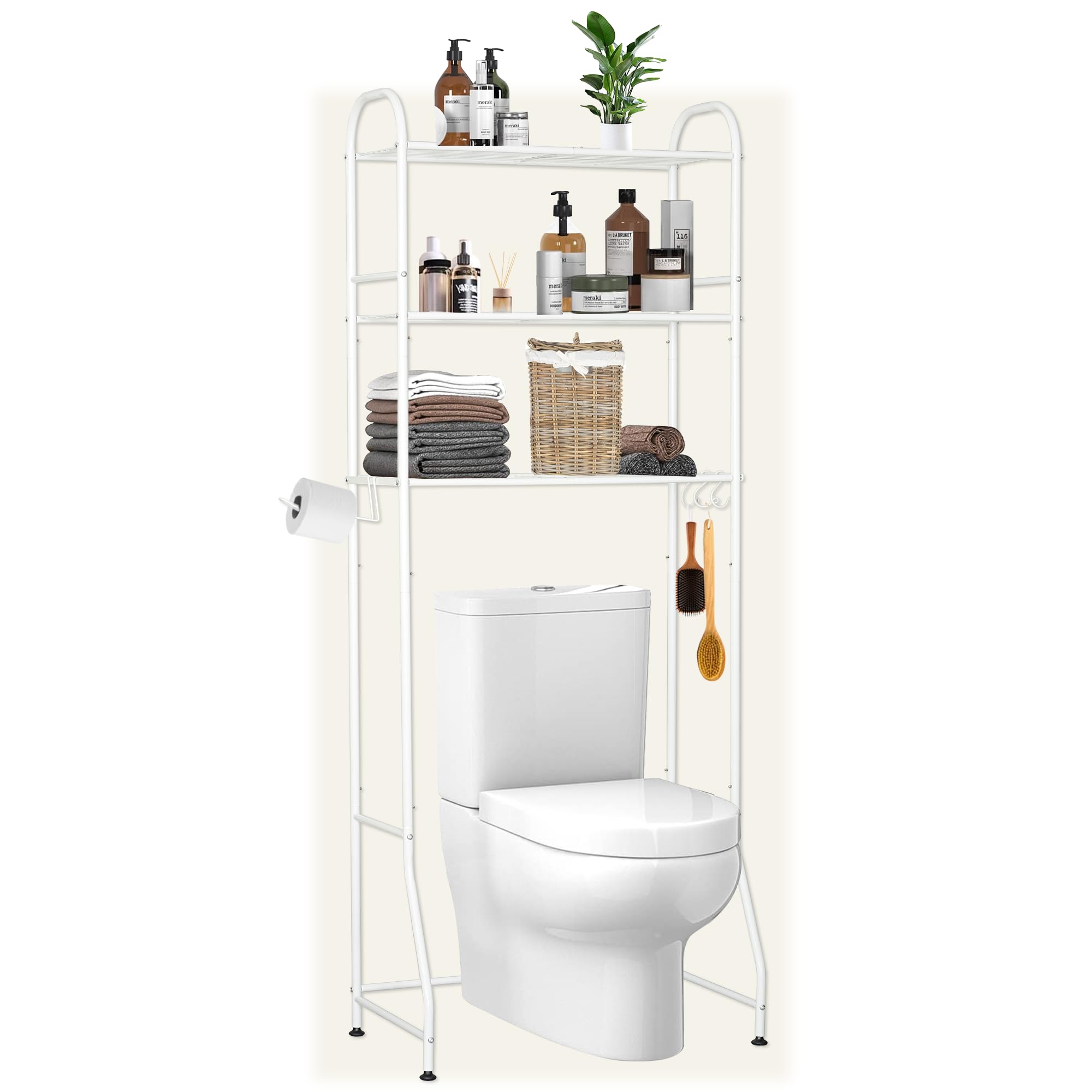 Over Toilet Storage Rack, 3-Tier Space-Saving Freestanding Bathroom Shelf with 3 Hooks, Sturdy Design for Organization, White (62.