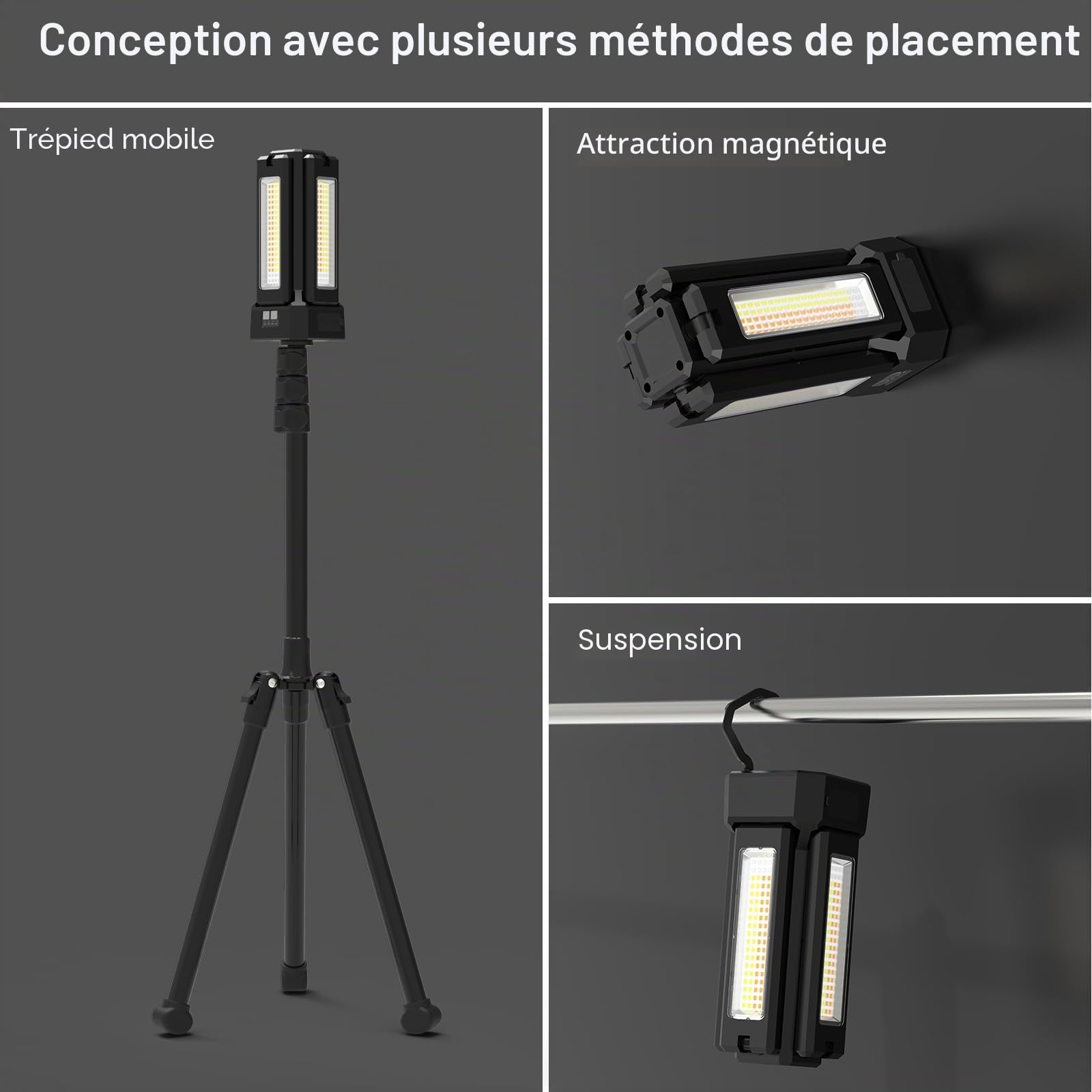 Projecteur LED Chantier Solaire Rechargeable 13200 mAh avec Trépied et Sac de Transport, Lampe de Chantier à Intensité Variable en Continu 8000 Lumens, Blanc/Chaud/Naturel (SOS) (avec télécommande)