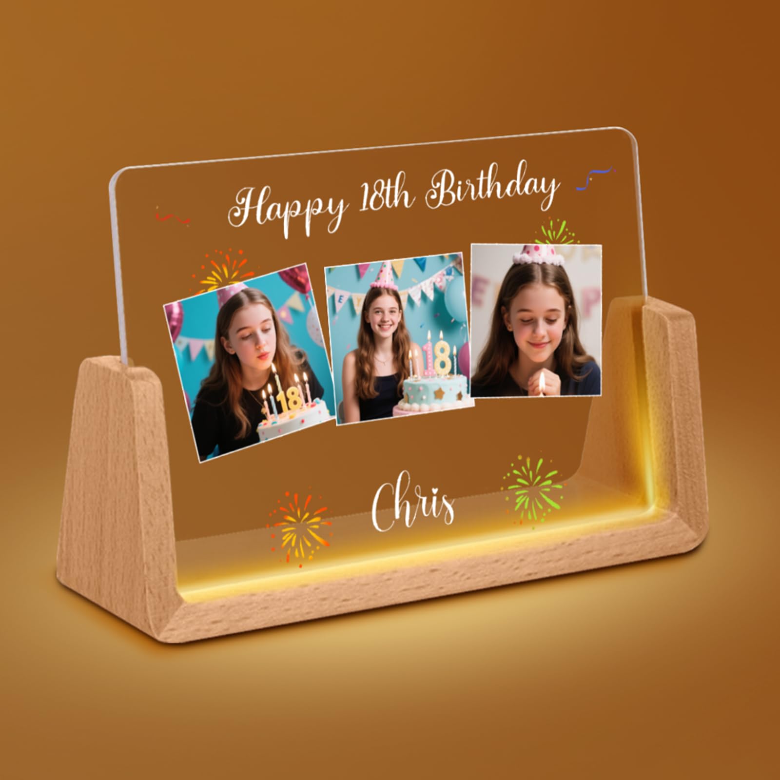 Umitive Personalized Gifts, Custom Photo & Name Acrylic Photo Frame Light for Birthday Gift – LED Base, Multiple Themes, Home Decor (Style G)