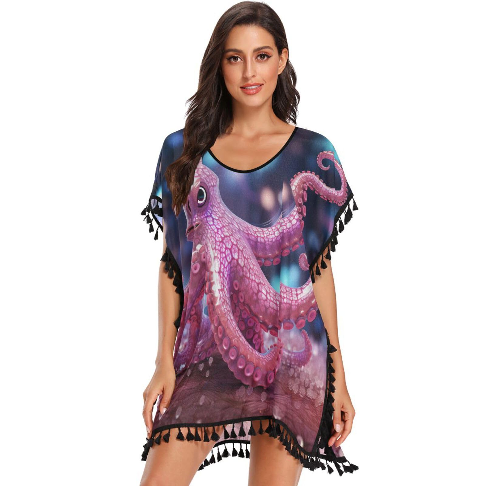 Pink Light Cool Art Octopus Women's Beach Cover Up Chiffon Tassel Swimwear Swimsuit Coverups for Girl