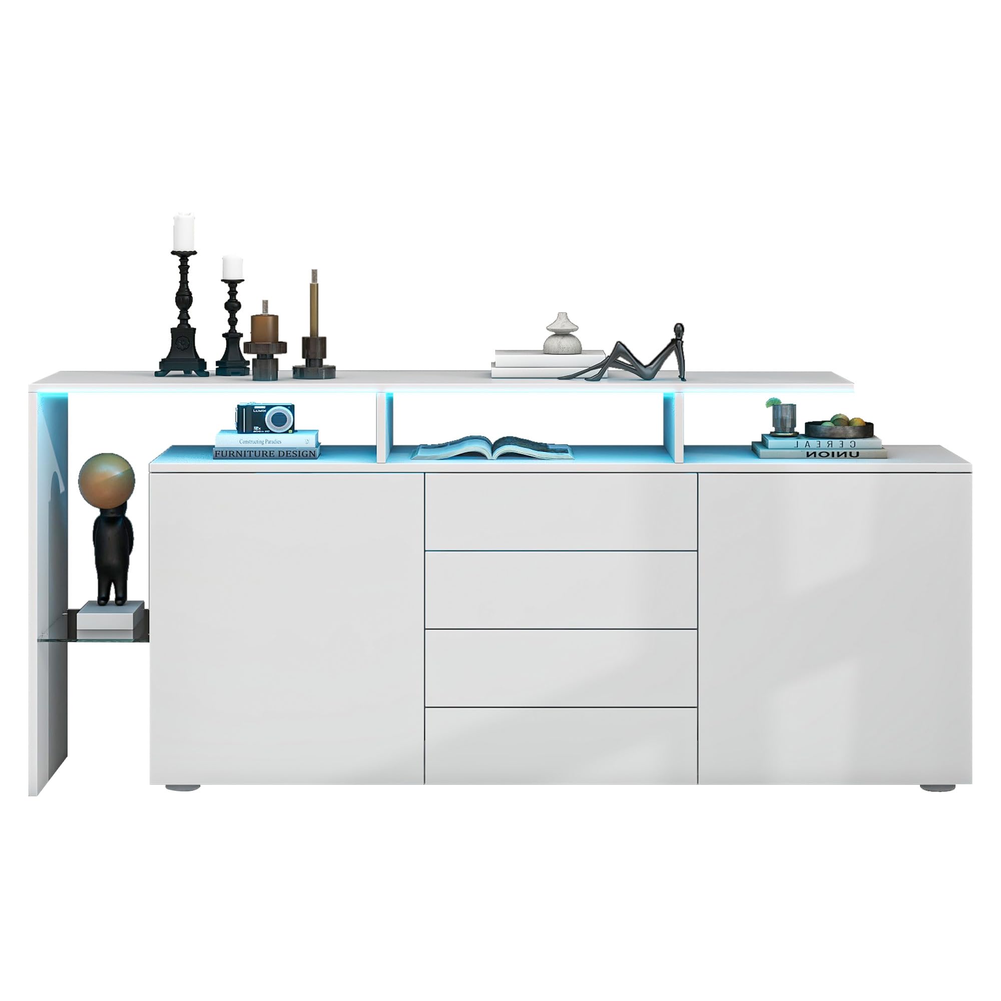 BTM Kommode, Sideboard mit LED, Wohnzimmermöbel in Weiß Hochglanz, Wohnzimmerschrank, Standschrank, TV-Schrank, Wohnzimmerwand, Highboard, Mehrzweckschrank, Buffetschrank Esszimmer