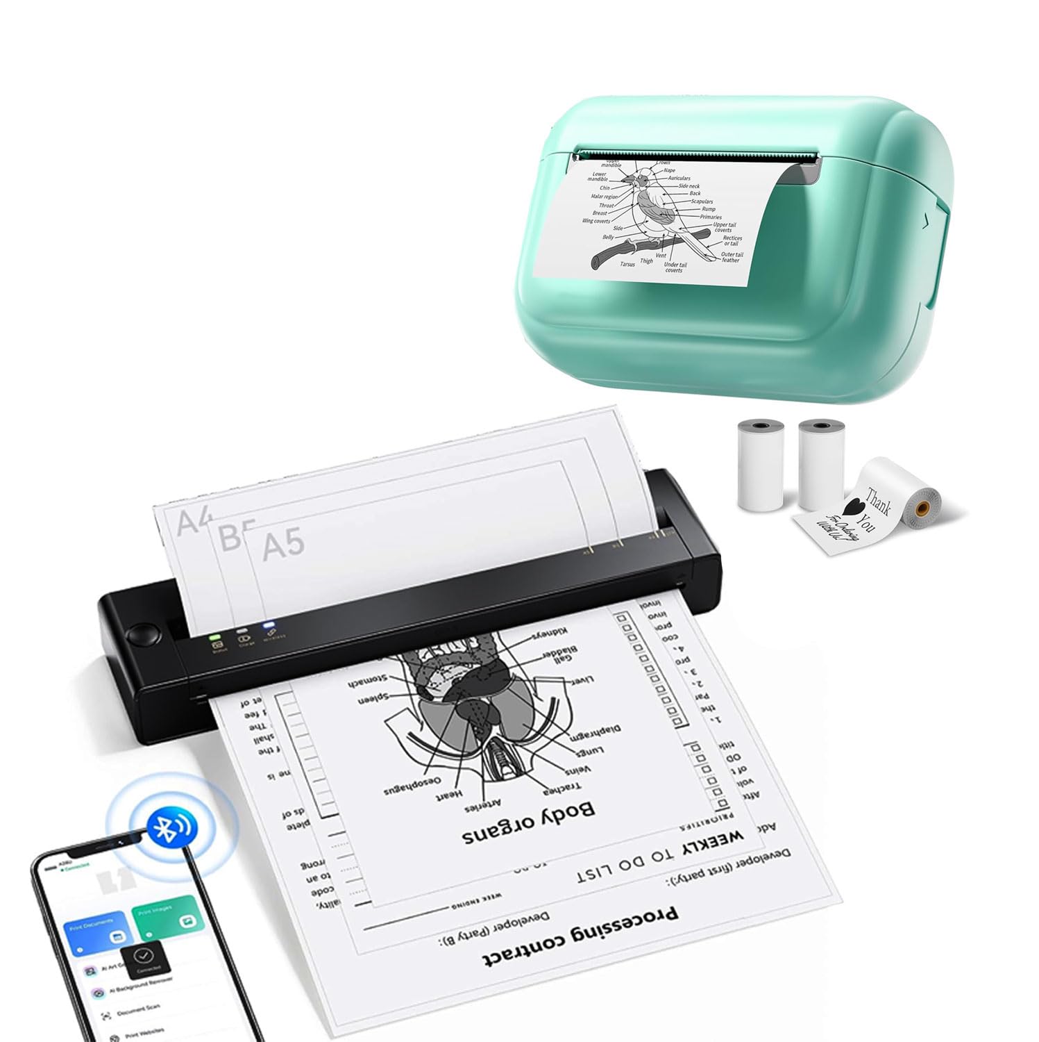 TATTMUSE A28U Imprimante Thermique A4, Portable sans Encre pour Papier A4/A5/B5, Compatible iOS Android, Mini Imprimante de Voyage, Noir