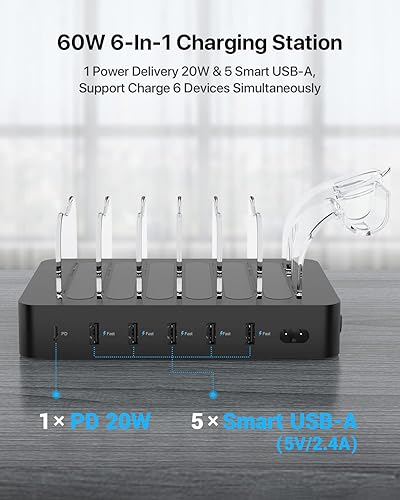 Miniatura 10 de SooPii Estación de carga PD de 60 W y 6 puertos para múltiples dispositivos, 20 W PD USB C carga rápida para lPhone 141312, 6 cables cortos