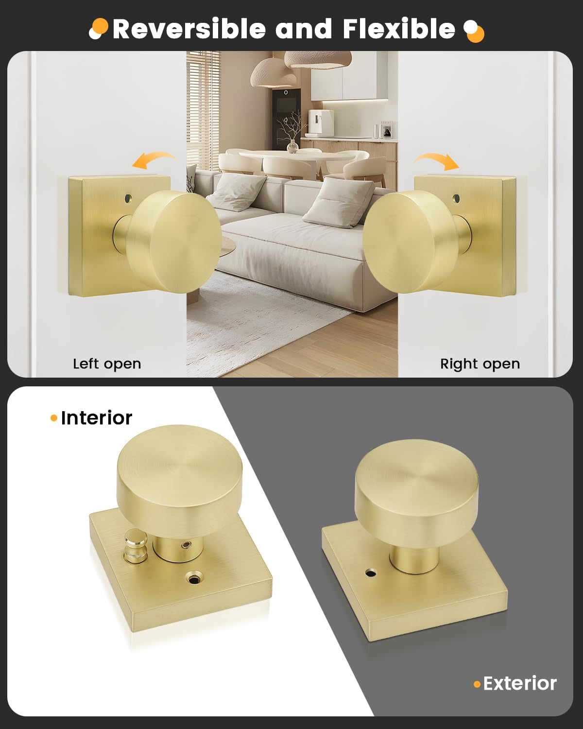 Gobrico Brushed Gold Privacy Door Knobs with Square Rosette(6 Pack), Satin Brass Finish, Interior Heavy Duty Door Handles with Lock, Keyless Door Lock for Bedroom, Bathroom