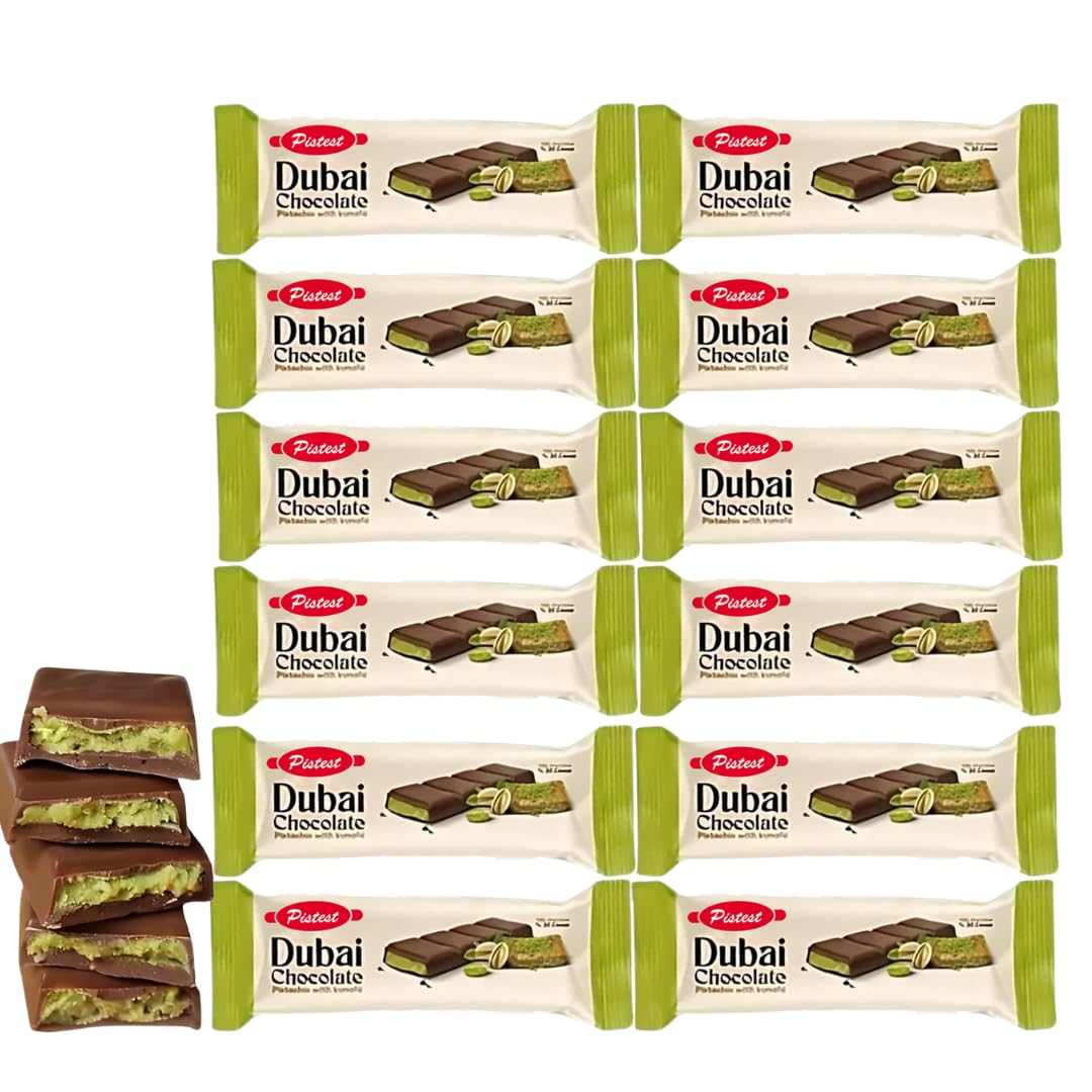 Dubai Kunafa Pistachio Chocolate Bars – Pack of 12 (27g Each) – Dubai Chocolate with Shredded Phyllo Dough – 12 Pieces Freshly Made, 11.4 oz – Ideal Gift for Holidays, Birthdays, Corporate Events & Celebrations