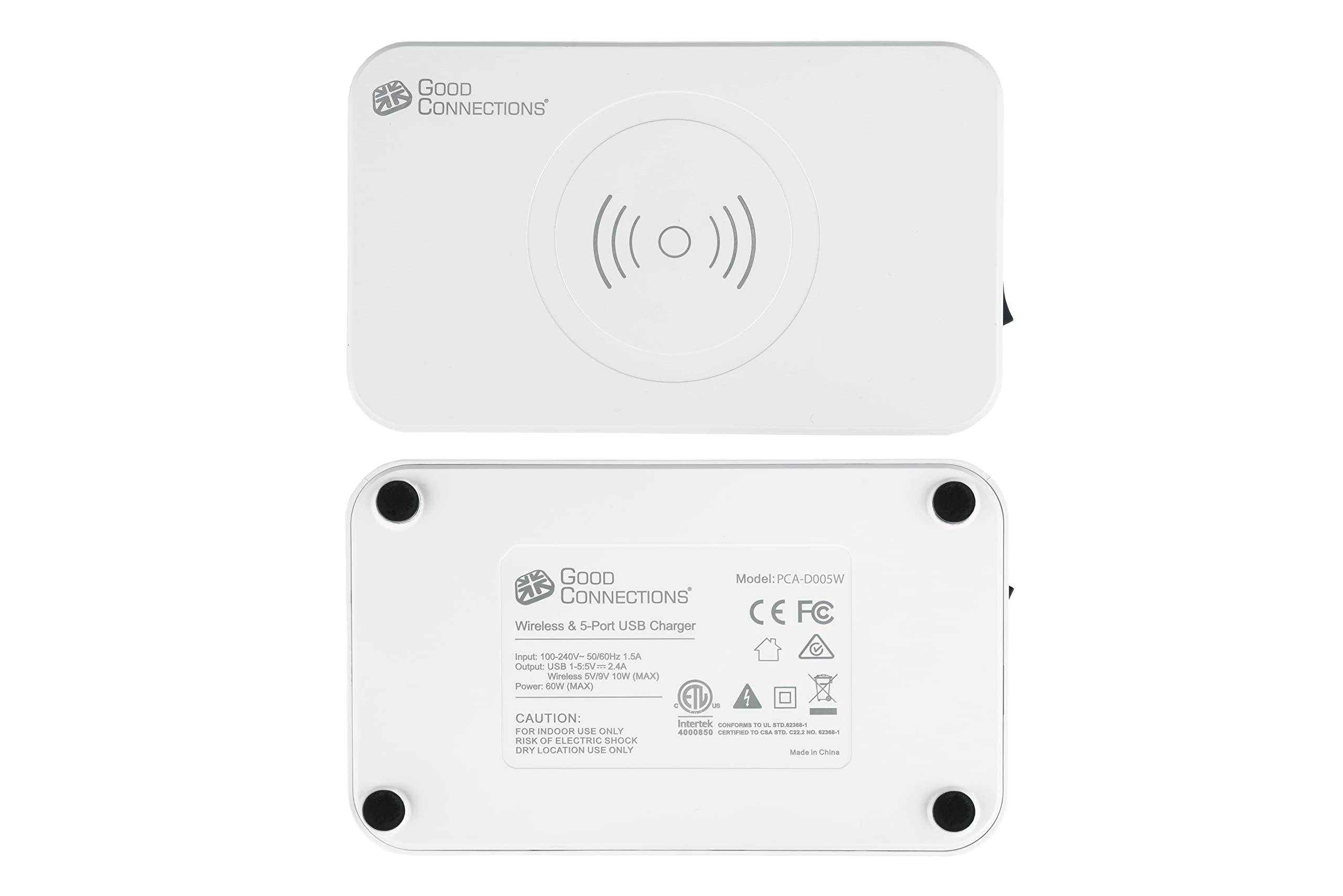 Good Connections Stazione di Ricarica Rapida USB 60 W – 5 Porte – 1 x USB C Max. 12 W e 4 x USB A Max. 12 W, Totale Max. 60 W – e 10 W Wireless Qi – per Smartphone, Tablet, iPhone, iPad ECC. – Bianco
