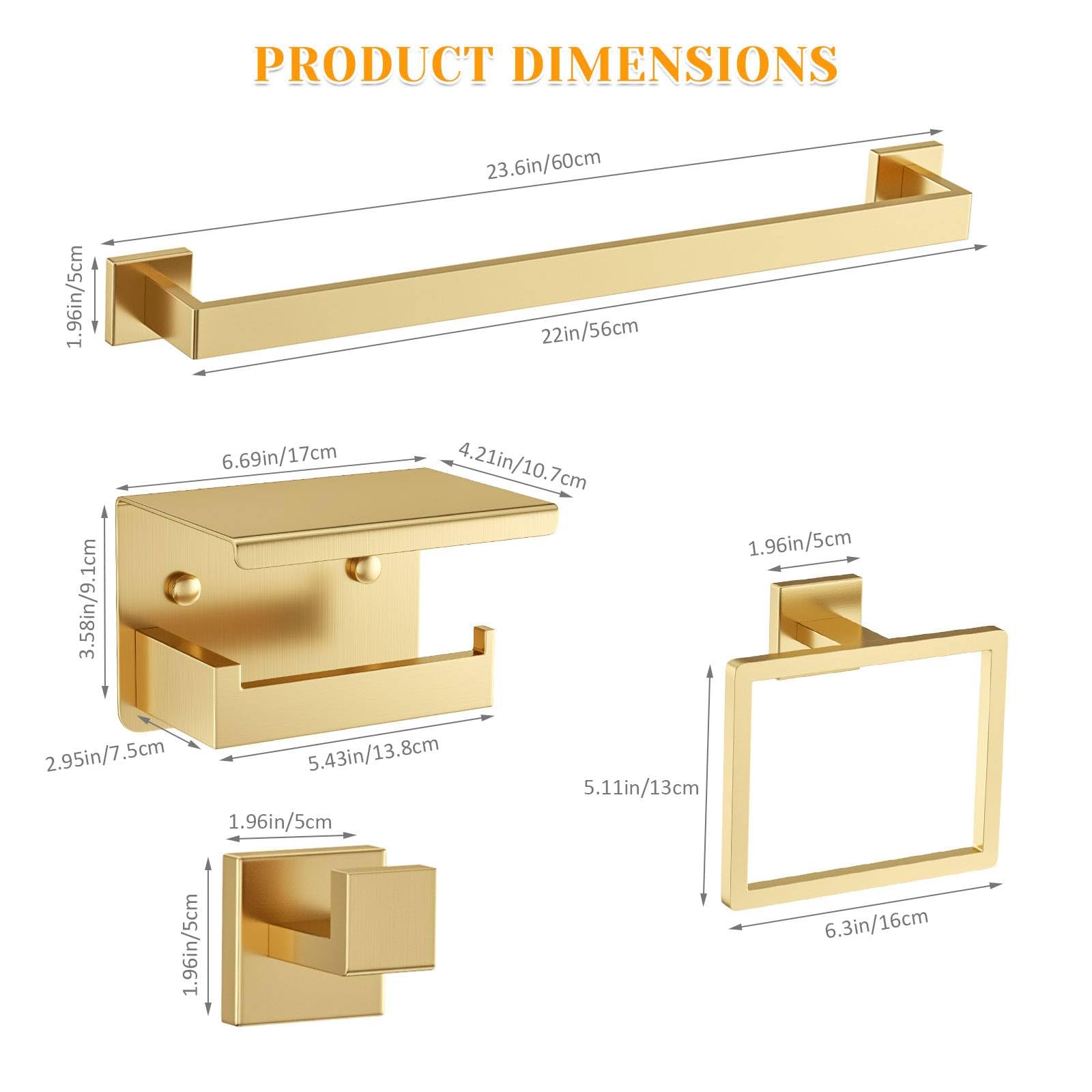 Juego de 5 toalleros de baño de Oro Cepillado, Soporte para Papel higiénico Mejorado con Estante, Acero Inoxidable para baño, Montaje en Pared de 23,6 Pulgadas.