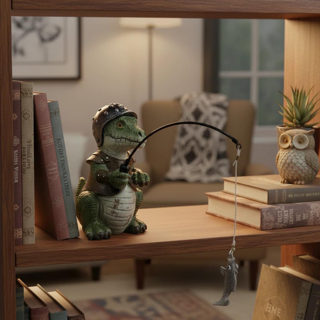 Funny Dinosaur Fishing Garden Statue, Hand-Painted Resin T-Rex Fisherman Figurine with Fishing Rod & Fish, Cute Outdoor Indoor Decor for Patio Yard Lawn Pond Desk, Unique Gift for Dino Lovers
