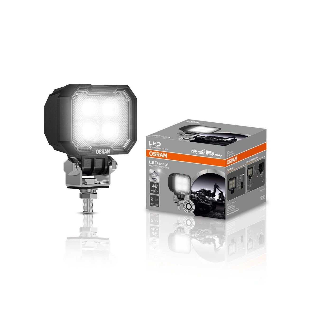 OSRAM LEDriving Rect WL VX80-WD, OFF ROAD LED work lights, 1500 lumens, up to 56 m long light beam, 12V/24V