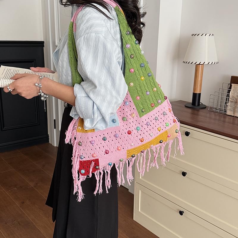 Bolso tote de crochet bohemio estilo playa con cuentas de colores miniatura 2
